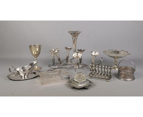 A good collection of metalwares, to include epergne with seven flutes, 'Stanley Pit Pony Races' 1921 trophy, JH Potter seven 