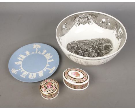 A collection of Wedgwood ceramics to include West Point Bowl, Jasperware plate and two Clio pattern trinket boxes.  