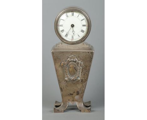 A George V silver mantel clock. Assayed London 1924 by Mappin &amp; Webb Ltd. Height 19cm. 532g (gross weight).  Not in worki