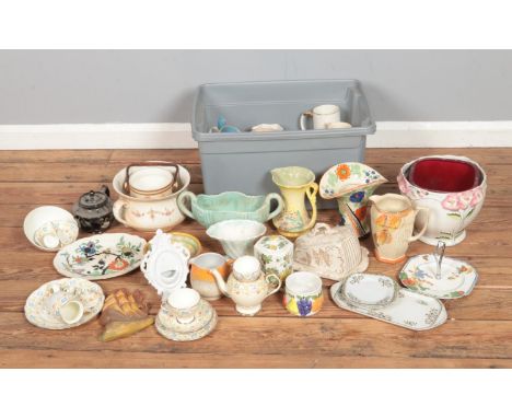 A large box of mixed ceramics including Wedgwood, Shelley, Foley China, Arthur Wood, West German Pottery, Masons etc  