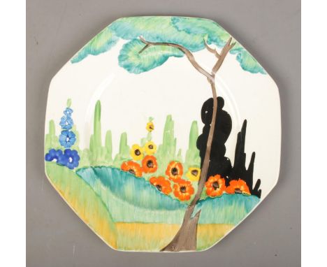 A hand painted Clarice Cliff Bizarre "Fragrance" pattern octagonal plate.Dx21.5cm  