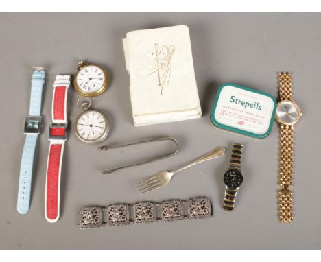 A quantity of collectables to include City Jewelry Co. pocket watch, white metal bracelet, silver fork (hallmarked for Sheffi