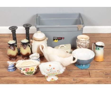 A large box of mixed ceramics including Rumtopf West German Pot, Crown Ducal cake stand, ceramic candle sticks, Indian Tree e