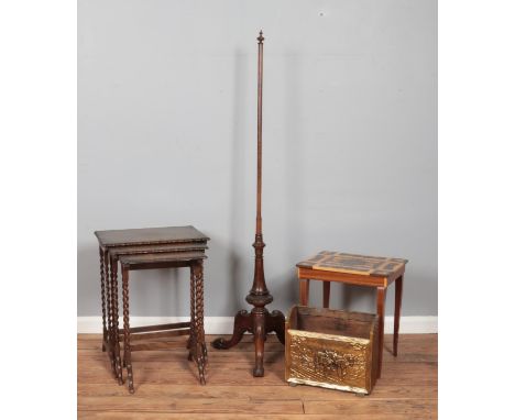 Four pieces of assorted furniture, including pole screen with carved tripod base, nest of three tables with barley twist supp