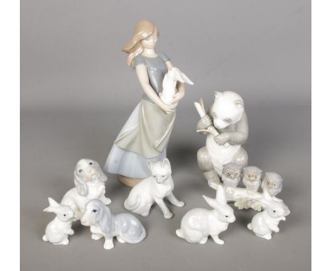 A collection of Nao by Lladro and John Jenkins figures to include Giant Panda, cat, girl with rabbit, dogs, etc.  