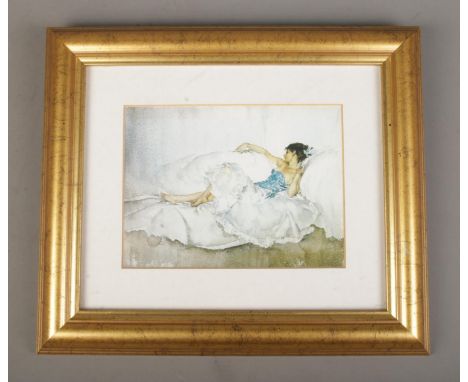 A gilt framed William Russell Flint print depicting a reclining woman. Approx. size 15.5cm x 11.5cm.  