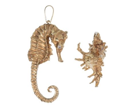 14k Yellow Gold Pendants  (2) items including a seahorse having diamond accent eyes and a seashell (both marked '14k')  Prope