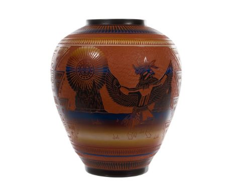 Diane and Wilbert 'Jr' Aragon Engraved Pottery Vase  2004, hand signed, dated and inscribed 'Acoma-Laguna' underside, having 