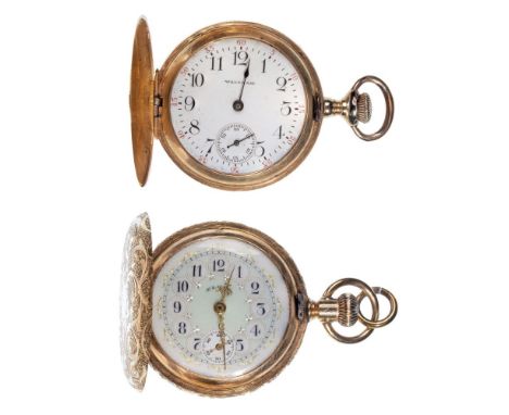 14k Yellow Gold Hunter Case Pocket Watches  (2) items including a c.1900 Waltham serial #12588494 and a c.1898 Elgin serial #