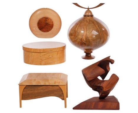 Wood Sculpture Assortment  (5) items including a lidded vessel signed 'John Mascoll', a disk candle holder signed 'Derek Andr