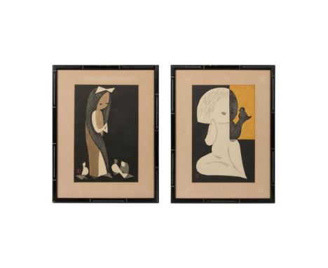 Kaoru Kawano (Japanese, 1916-1965) Woodblock Prints  (2) oban size items including a 'Doves and Girl' pencil signed lower rig