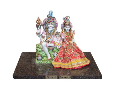 Durga Shiv Ji and Parvati Painted Marble Sculpture  Depicting seated deities, having colorful cloth embellishments, attached 