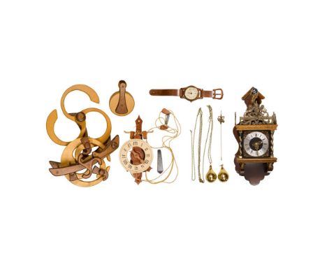 Wood Sculpture and Clock Assortment  (4) items including a 1977, signed 'David E. Roy' on pulley, #58/100 kinetic device, a N