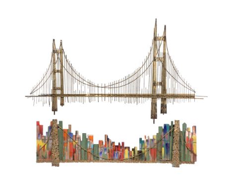 Curtis Jere (American, 20th Century) Bridge Wall Sculptures  (2) items, both having gold-tone painted wire representations of