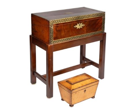 Tea Caddy and Lap Desk  (2) items including a Regency bird's eye maple tea caddy having a sarcophagus form, hinged lid openin