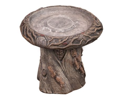 Henri Studio Cast Stone Bird Bath  1995, two-piece bird bath having a woodland motif, stamped on underside of bowl  Property 