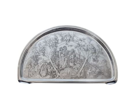 Kerr Sterling Silver High Chair Tray  c.1910, pattern #1679 lunette-form with acid-etched scenes from Mother Goose, including