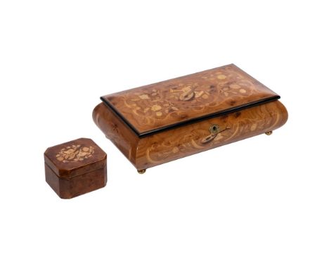Italian Marquetry Music Boxes  (2) Sorrento style items having musical motif marquetry inlays, the larger having brass ball f