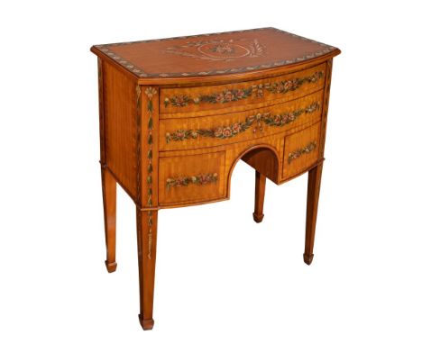 Brian Andrew Bow Front Chest  A petite hand painted chest having a floral motif, arched center, two full drawers over two sma