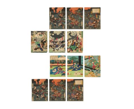 Utagawa Yoshitsuya (Japanese, 1822-1866) Woodblock Print Assortment  1857, (12) disbound single pages from 'The Night of the 