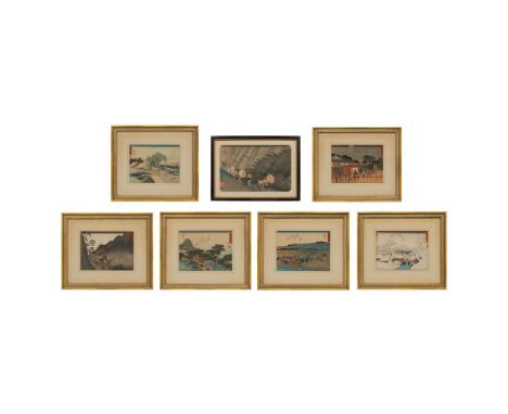 Ando Hiroshige (Japanese, 1797-1858) Woodblock Print Assortment  (7) items including (6) views from the '53 Stations of the T