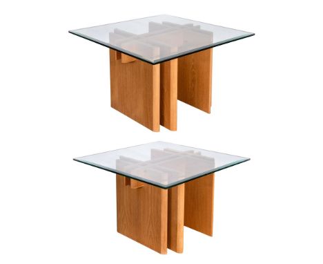 Gustav Gaarde Teak and Glass Tables  Unmarked Danish Modern interlocking teak sculptural tables having beveled, rounded-corne