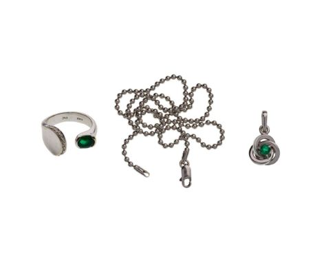 18k White Gold Jewelry Assortment  (3) items including a beaded chain, a pendant and a ring having semi-precious green stones
