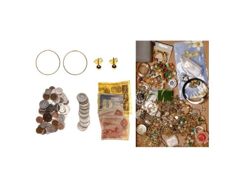 Gold and Costume Jewelry Assortment  Including a ball stud earring set and a pair of hoop earrings (marked '14k' / '585') and