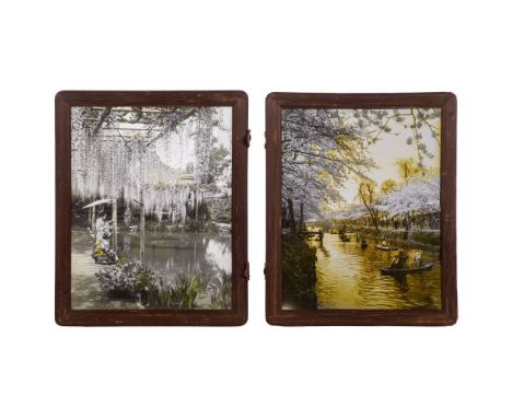 Japanese Positive Photographic Glass Plates  Photographic transparencies of cherry trees in bloom and a geisha dressed in kim