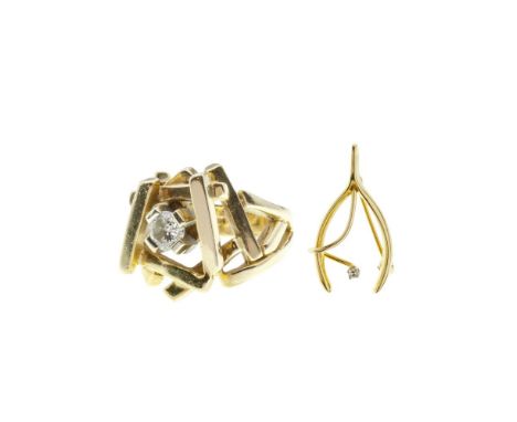 14k Yellow Gold and Diamond Jewelry  (2) items including a solitaire round cut diamond weighing approximately 0.40 carat (4.8