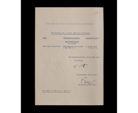 World War II German Adolf Hitler Signed Document PSA/DNA  1942, typed document on paper, ink signed, countersigned and blind 