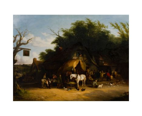 William Joseph Shayer (British, 1811â€“1892) 'Travelers Resting at a Country Inn' Oil on Canvas  1858, signed and dated lower