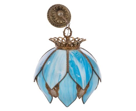 L&amp;L WMC Slag Glass Hanging Lamp  Blue slag glass and metal floriform globular shade having fourteen glass panels, chain a