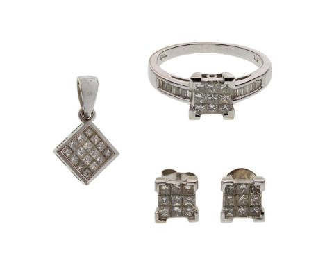 18k White Gold and Diamond Jewelry Suite  (3) items including a ring, a pendant and a pair of earrings, all having a flat squ