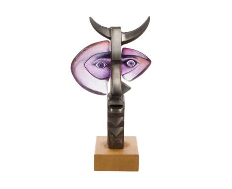 Mats Jonasson Art Glass Sculpture  Undated, signed lower left edge of glass, depicting a horned figure having a cast glass up