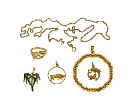 18k Yellow Gold Jewelry Assortment  (6) items including a pierced design ring, a necklace, a Pisces pendant, a Taurus pendant