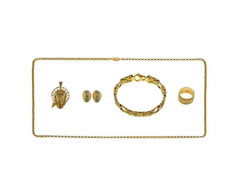 14k Yellow Gold Jewelry Assortment  (5) items including a round link necklace, a Byzantine design bracelet, a Roman numeral t