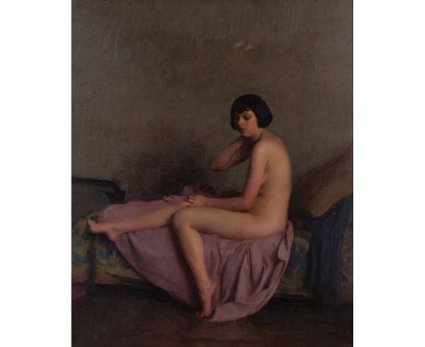 William McGregor Paxton (American, 1869-1941) Oil on Canvas  Undated, signed lower right, depicting a nude female figure on a