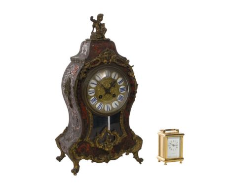 Samuel Marti French Boulle Mantel Clock  (2) total items including the mantel clock having brass and tortoise shell veneers o