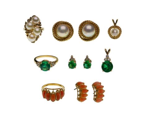 14k Yellow Gold Jewelry Set Assortment  (3) sets including a two-piece approximately 7mm pearl cluster ring, a pendant and a 