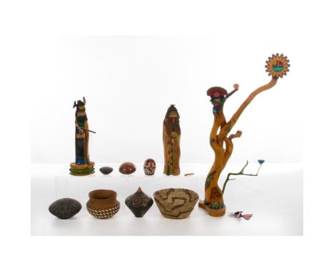 Native American Decorative Art Assortment  (10) items including (3) Hopi woodcarvings with the tallest signed by Adrian Nasaf