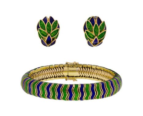 Tiffany &amp; Co. 18k Yellow Gold Enamel Bracelet and Earring Set  (2) items including a fluid link bracelet having alternati