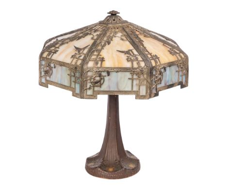 Art Nouveau Style Slag Glass Table Lamp  Slag glass shade attributed to the Empire Glass Company having an overlay of sparrow