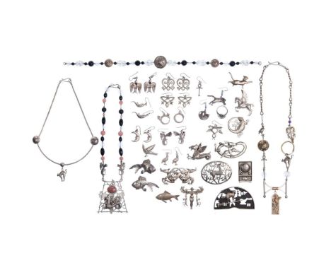 Robert M Place Sterling Silver Jewelry Assortment  (28) items including (4) necklaces, (13) brooches, (10) pairs of pierced e