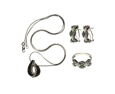14k White Gold, Sapphire and Diamond Jewelry Suite  (3) items including a ring, a slide pendant on a necklace and a pair of F