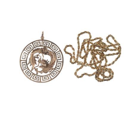 14k Yellow Gold Necklace and Pendant  (2) items including a twisted rope chain style necklace and a dragon motif round pendan