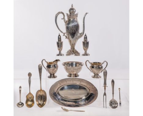 Sterling Silver Tableware Assortment  (13) items including a coffee pot, a tray, a sugar bowl, a creamer, a pair of salt and 