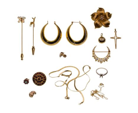 Mixed Gold Jewelry Assortment  (13) items including (2) pins, (2) stick pins with non-gold slides, (2) pendants, (2) link sty