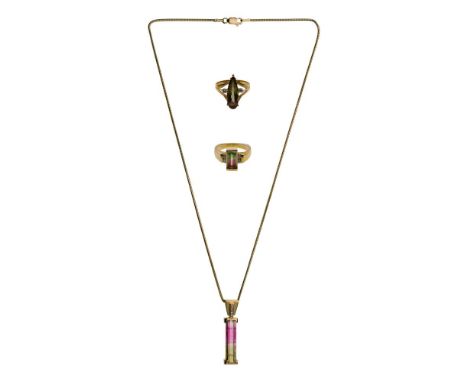 14k Yellow Gold and Tourmaline Jewelry Suite  (3) items including a ring having a rectangular cut tourmaline, a ring having a