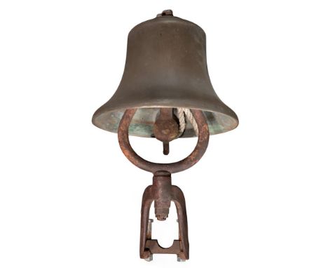 Bronze Ship Bell  An unmarked 8.5-inch tall by 12-inch diameter bronze bell having a cast iron clapper, mounted to a cast iro
